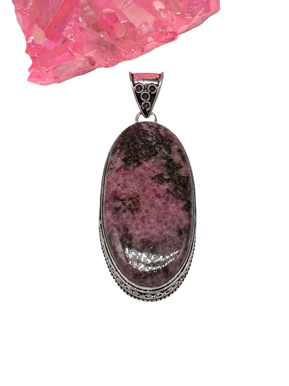 Rhodonite Necklace Pendant 925 Sterling Silver Overlay Oval Pink Stone Chunky